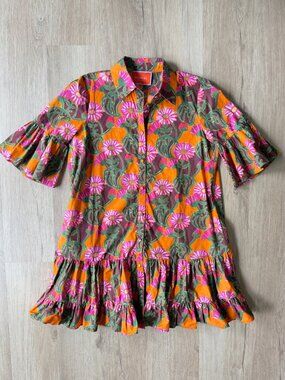 La DoubleJ Choux Mini Shirt Dress Orange Gerber Print Cotton Poplin LARGE